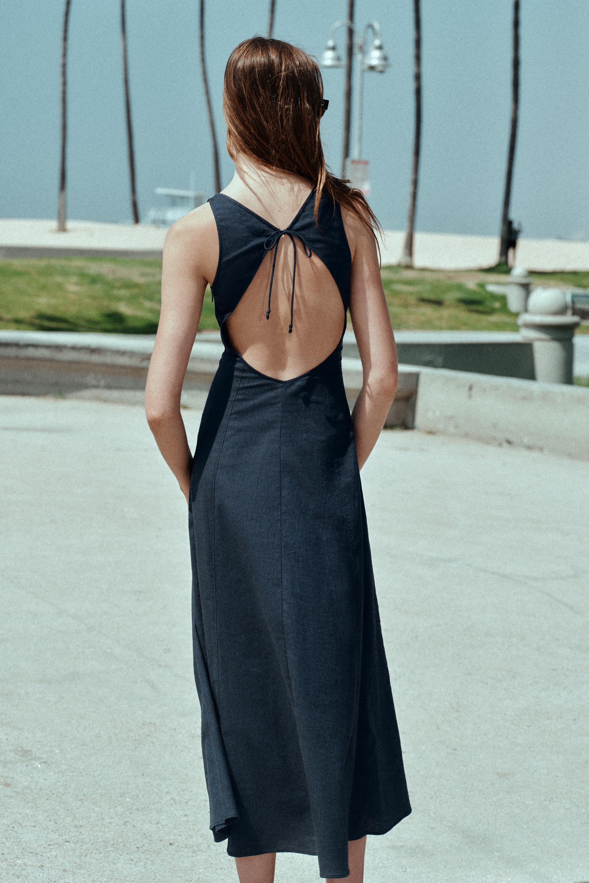 LINEN OPEN BACK MIDI DRESS